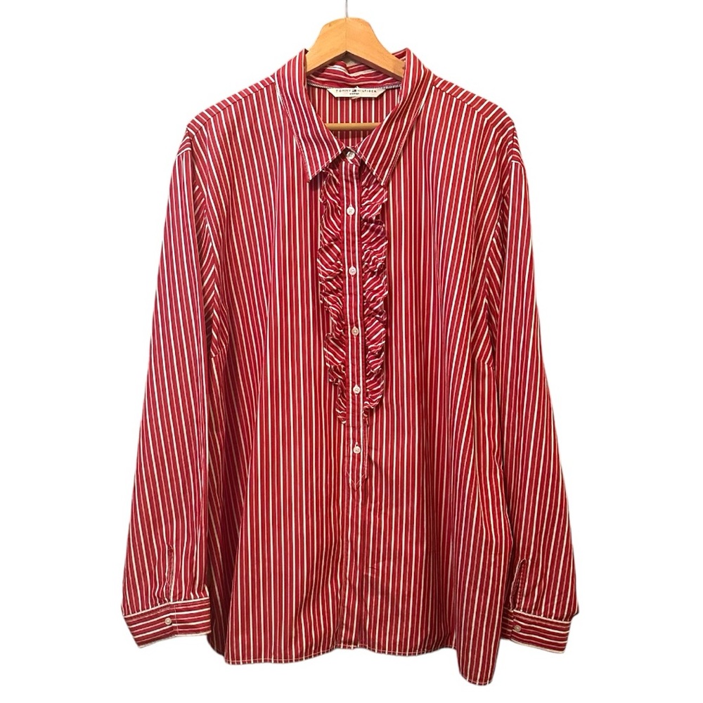Women’ Plus Size Ruffle Blouse Red & White Pin Stripes.